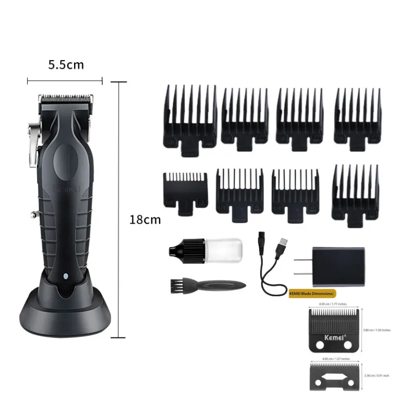 ماشین اصلاح موی حرفه‌ای کِمی KM-2296 با پایه شارژ، پورت USB، مناسب کوتاهی مدل آندرکات و حکاکی، مخصوص سالن‌های آرایش