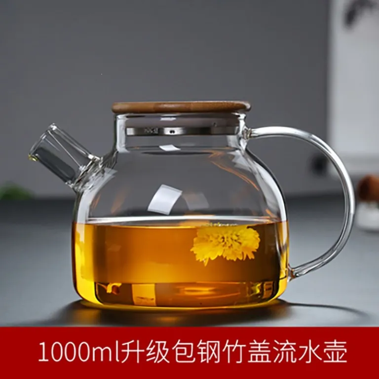 قوری شیشهای خانگی مقاوم به حرارت بالا برای جوشاندن آب، مناسب دم کردن چای با صافی، قوری چای گلدار، قابل استفاده روی شعله مستقیم، از جنس بوروسیلیکات