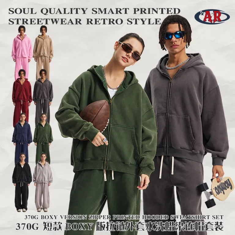 پاییزه و زمستانه گرم 370G کوتاه بُکس اورسایز کاپشن زیپدار واش و باتیک ست هودی شلوار راحتی و ورزشی مردانه