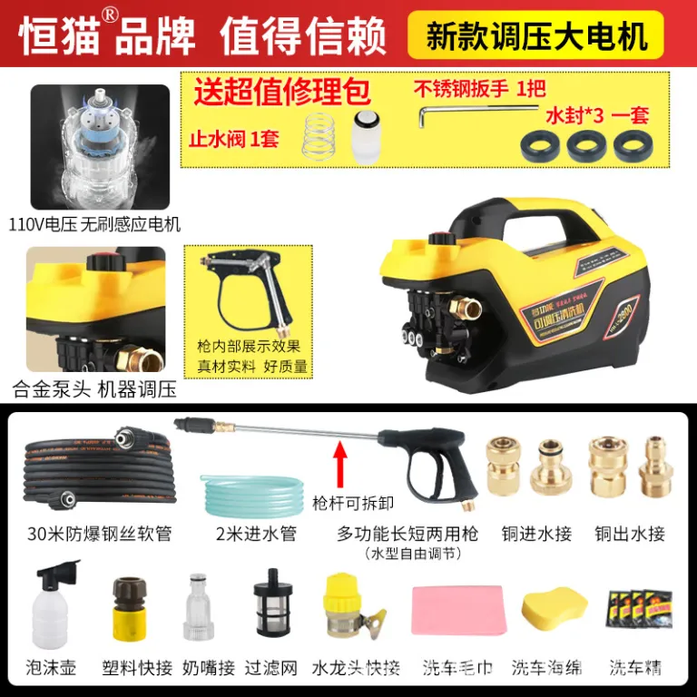 کارواش خانگی قابل حمل اتوماتیک 110V با موتور مسی، فشار قابل تنظیم، ضدعفونی‌کننده و پرقدرت