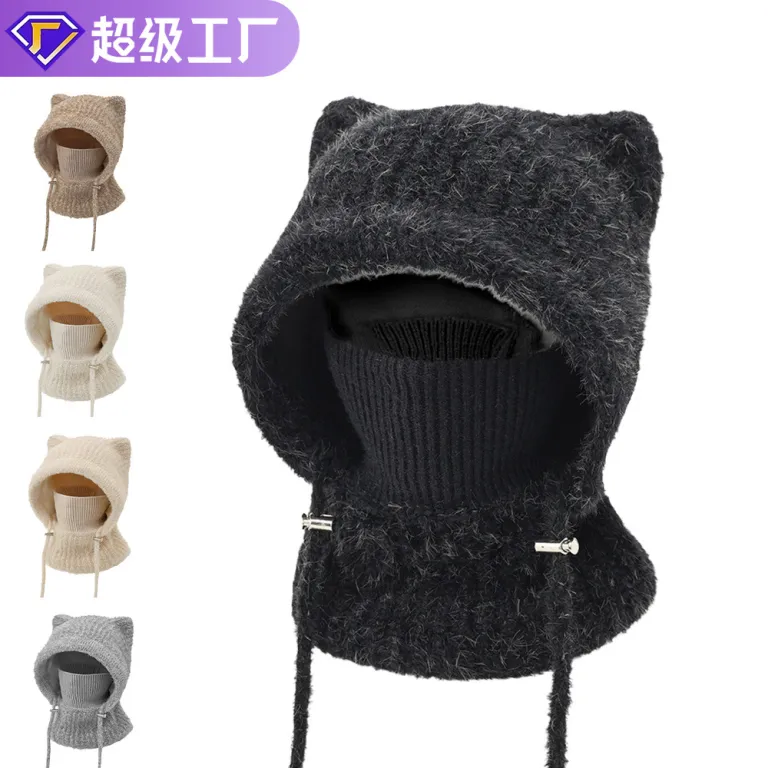 کلاه بافتنی زمستانی ضدباد با محافظ گوش و گرم‌کننده، طرح گوش گربه‌ای، یکپارچه با شال گردن و ماسک، آستر کرکی و ضخیم