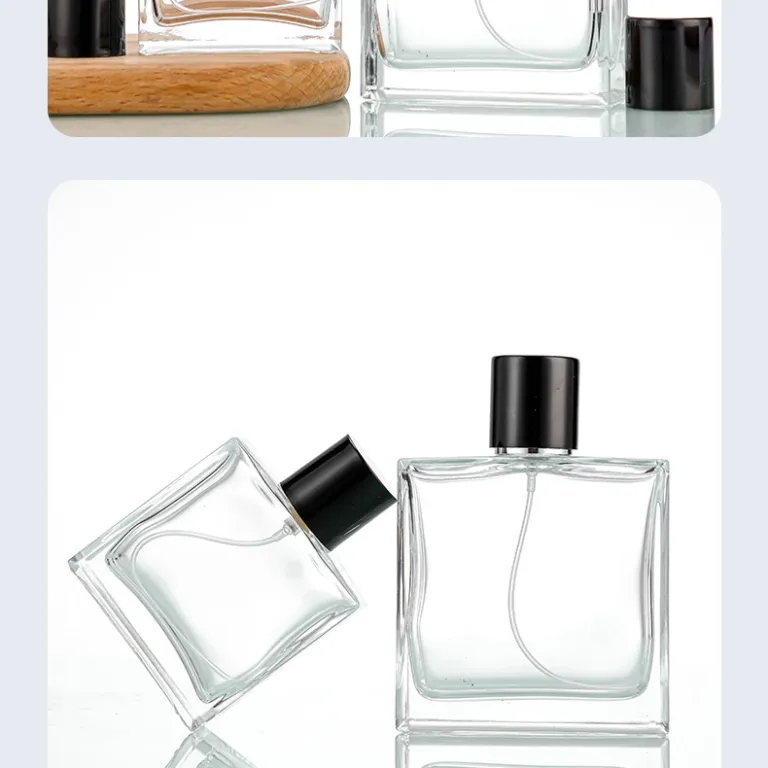 50ml بطری اسپری عطر شیشه‌ای 100ml بطری لوازم آرایشی تخت و مربعی با پمپ فشاری، بطری تقسیم عطر با چاپ لوگو