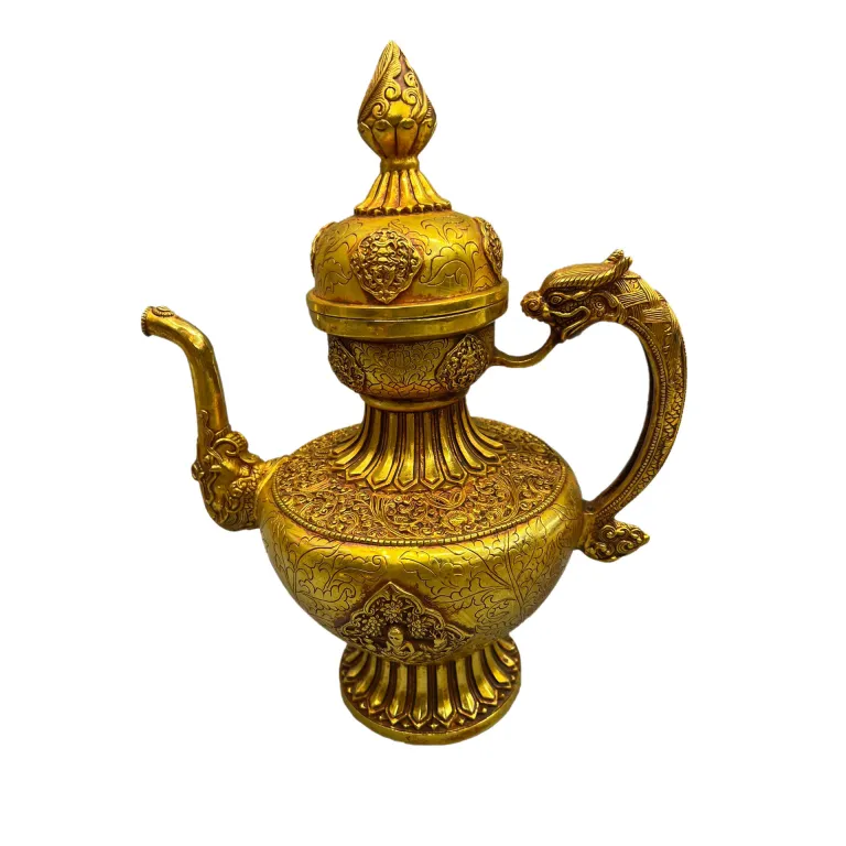 34cm قوری دسته‌اژدهایی تبتی با روکش مس خالص و آبکاری طلا، سبک آنتیک، مجسمه تزئینی مسی، اشیاء قدیمی بازار صنایع دستی
