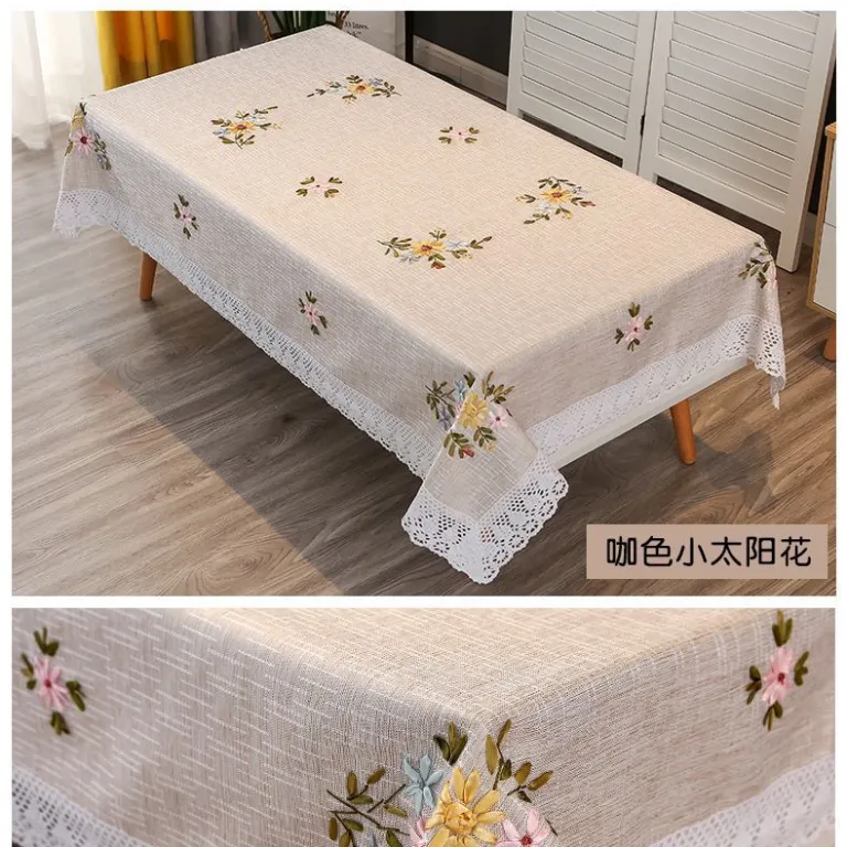 رومیزی مستطیلی گلدوزی‌شده دست‌دوز برای میز جلو مبلی، رومیزی ناهارخوری خانگی، مدرن و ساده، پارچه کتان و پنبه، سفید، طرح مینیمال و تازه