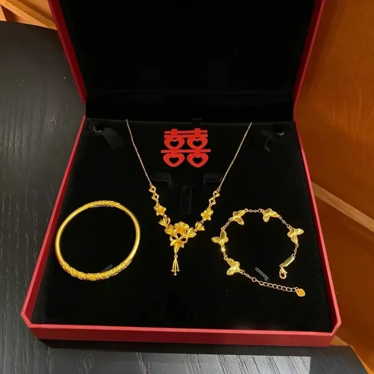 گردنبند آویز گل‌های شکوفا با روکش طلای واقعی 24K، زیورآلات عروسی بدلی، ست طلای عروس، نامزدی