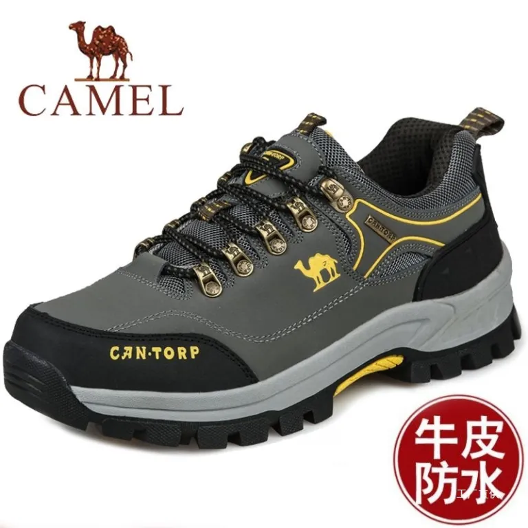 حراج ویژه کفش کوهنوردی چرم طبیعی مردانه Camel تنفس‌پذیر ضدآب و ضدلغزش مناسب پیاده‌روی و سفر