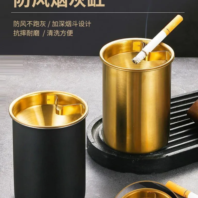 زیرسیگاری استیل ضدزنگ خانگی درب‌دار خلاقانه و شیک برای پذیرایی، اتاق خواب و خودرو، قیفی ضد پراکندگی مناسب خوابگاه