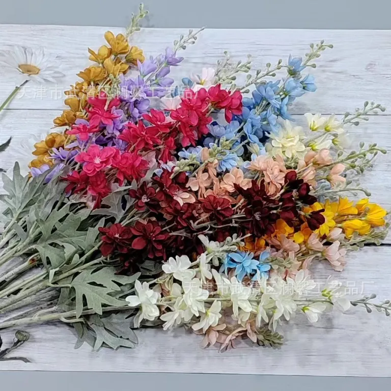 گل مصنوعی دلفینیوم دوشاخه مخملی، گل ابریشمی تزئینی برای عروسی، دکور منزل و فروش عمده