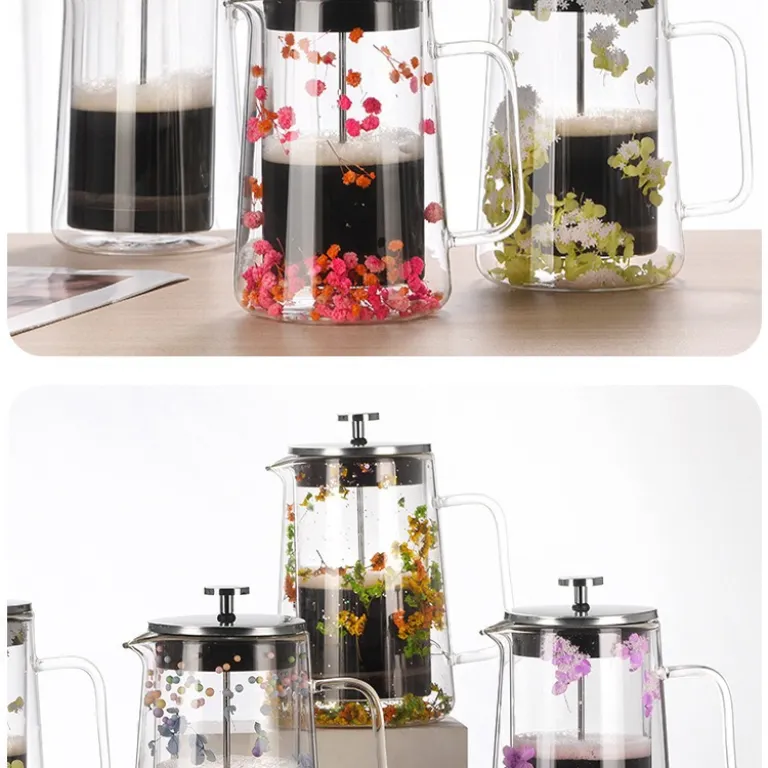فرنچ پرس دولایه شیشه بوروسیلیکات با فیلتر قهوه، قوری فرنچ پرس خانگی برای دم کردن چای و قهوه