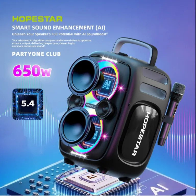 650W اسپیکر بلوتوثی بی‌سیم قابل حمل HOPESTAR PARTYONE CLUB با دو میکروفون دستی و نور RGB