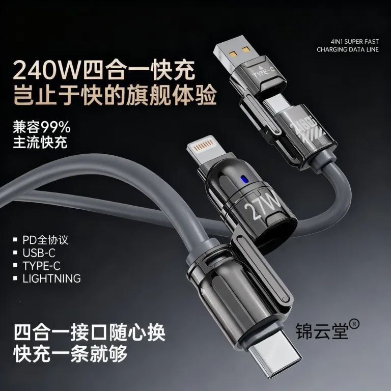 کابل شارژ چهارکاره سوپر شارژ سریع آلیاژ روی جدید 240W سیلیکونی دو type-c شارژ دو به دو