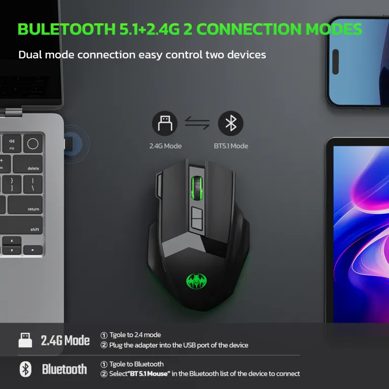 ماوس گیمینگ بی‌سیم بلوتوثی بی‌صدا با شارژ بی‌سیم 10 کلید و نور RGB 4800DPI