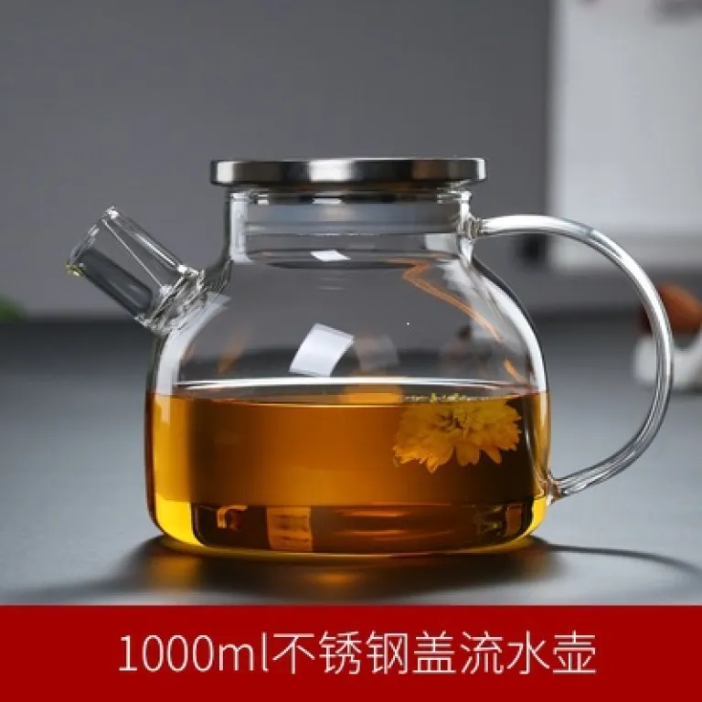 قوری شیشهای خانگی مقاوم به حرارت بالا برای جوشاندن آب، مناسب دم کردن چای با صافی، قوری چای گلدار، قابل استفاده روی شعله مستقیم، از جنس بوروسیلیکات