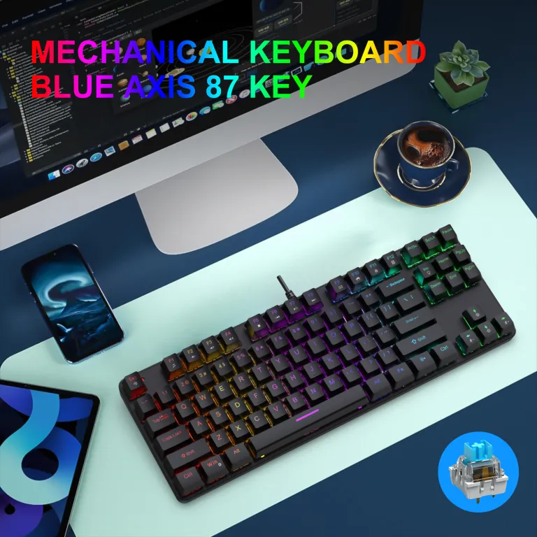 کیبورد مکانیکی فلزی K87 با 87 کلید، نور RGB، سوییچ آبی، مناسب بازی و اداری