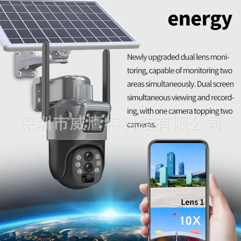 V380 دوربین مداربسته خورشیدی چرخش 360 درجه کنترل از راه دور با موبایل سه لنز برای فضای باز و خانگی زوم 10 برابر 4G