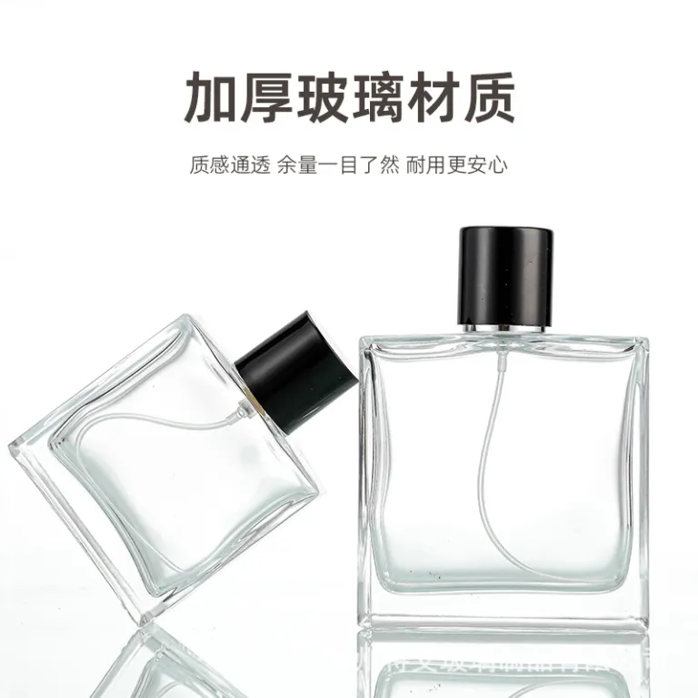 50ml بطری اسپری عطر شیشه‌ای 100ml بطری لوازم آرایشی تخت و مربعی با پمپ فشاری، بطری تقسیم عطر با چاپ لوگو