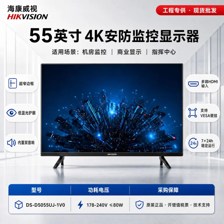 مانیتور حرفه‌ای نظارت تصویری هایک‌ویژن 55 اینچ، کیفیت فوق‌العاده 4K، صفحه نمایش LED، مناسب کارکرد 7*24 ساعته