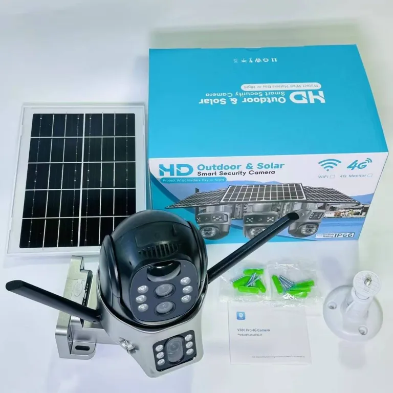 V380دوربین خورشیدی4G سه‌لنزی دو تصویره تفنگی-گوی10 زوم باتری کم‌مصرف مانیتور بی‌سیم