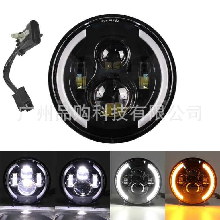 چراغ جلو LED گرد بدون قاب 7 اینچی همراه سیم‌کشی، در رنگ مشکی و نقره‌ای، مناسب هارلی و رانگلر