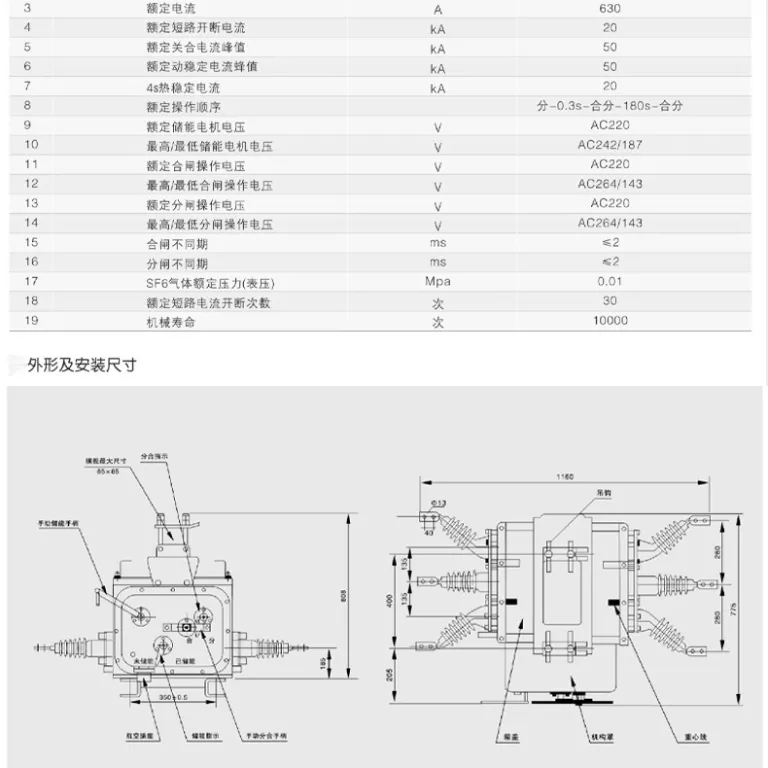 10KV کلید قطع‌کننده خلأ فضای باز ZW20-12-630A/20KA مکانیزم عملیات دستی کلید FTU نصب روی پایه