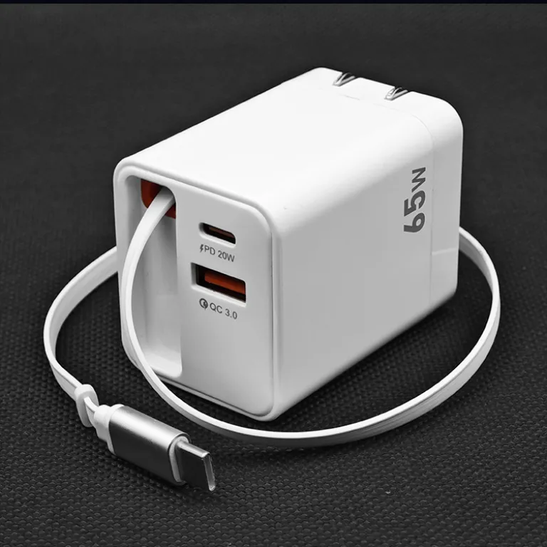 شارژر دیواری باکیفیت 65w دو پورت PD USB C با کابل جمع‌شونده و سر شارژ گالیوم نیترید