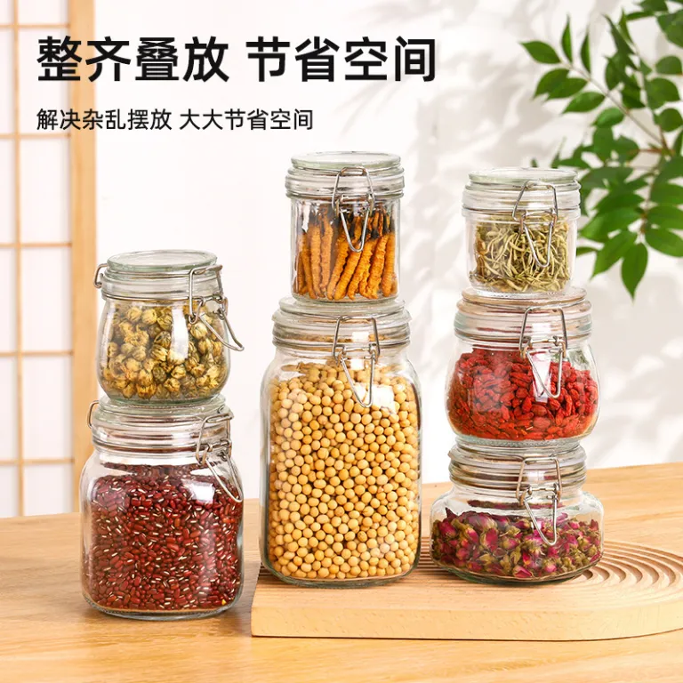 ظرف شیشه‌ای درب‌دار کلیپسی خانگی برای نگهداری چای، غلات، ترشی و کنسرو، مناسب فروش عمده و صادرات