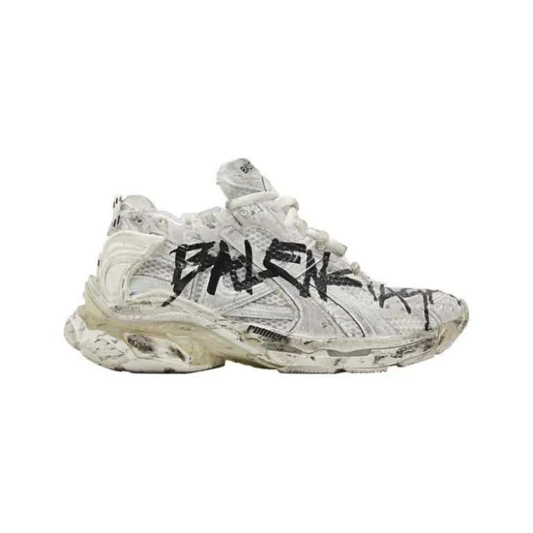 کفش کتانی زنانه بالنسياگا مدل Runner Graffiti با رویه مشبک و طرح گرافیتی، بنددار و ساق کوتاه