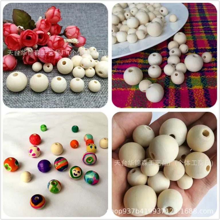 6-40mm مهره‌های چوبی گرد رنگ چوب طبیعی از چوب هِم‌لاک، مهره‌های فله DIY عمده برای زیورآلات و اسباب‌بازی، سوراخ بزرگ، تولید کارخانه