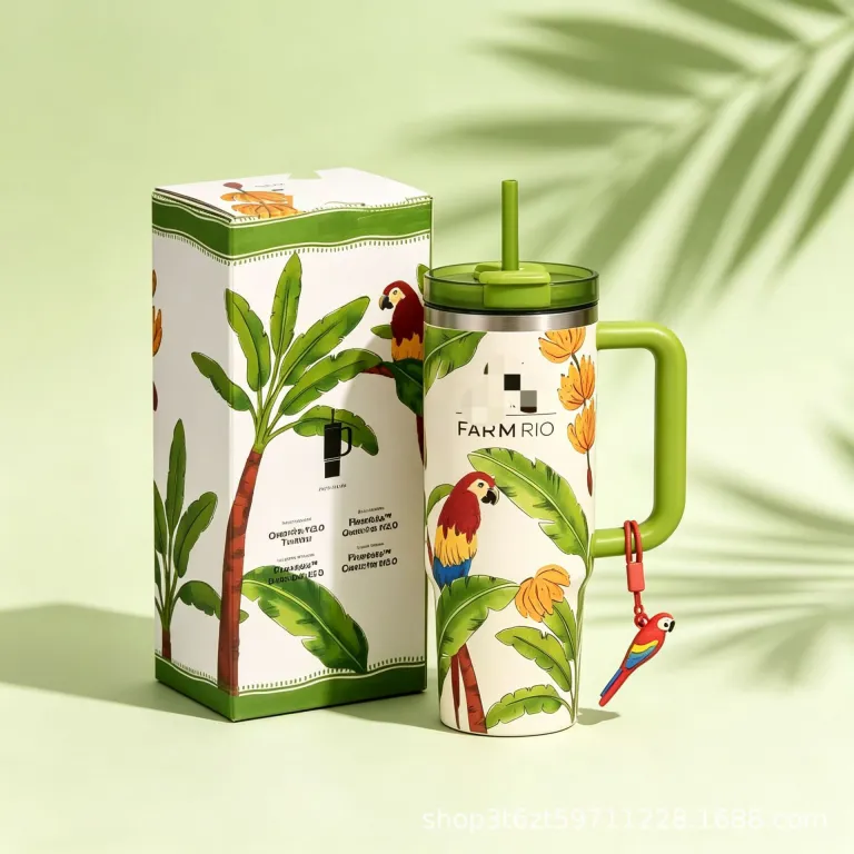 قمقمه جدید برون‌مرزی 40oz با ظرفیت بالا و طراحی شیک، هم‌مدل استنلی، طرح جنگل بارانی، سفارشی‌سازی