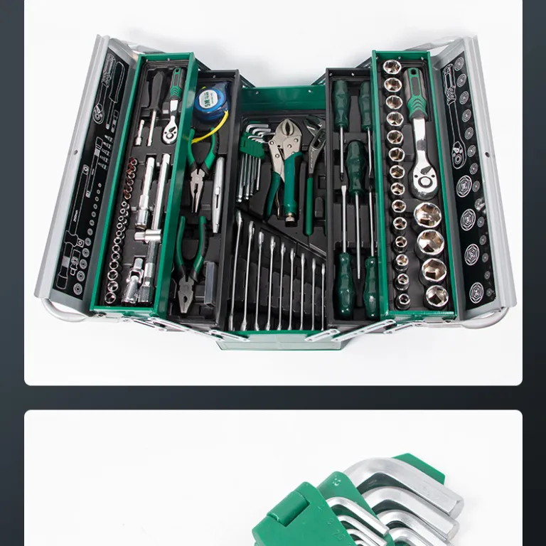 ست ابزار تعمیرات خودرو 85 پارچه در جعبه فلزی شامل بکس، آچار جغجغه‌ای از جنس فولاد کروم وانادیوم برای باز و بست قطعات
