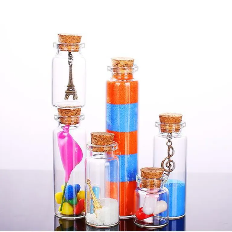 بطری داروی کوچک شیشه‌ای شفاف، بطری آرزو، بطری پیام شناور، بطری آویز تزئینی 1ml، بطری شیشه‌ای کوچک با درب چوب‌پنبه‌ای