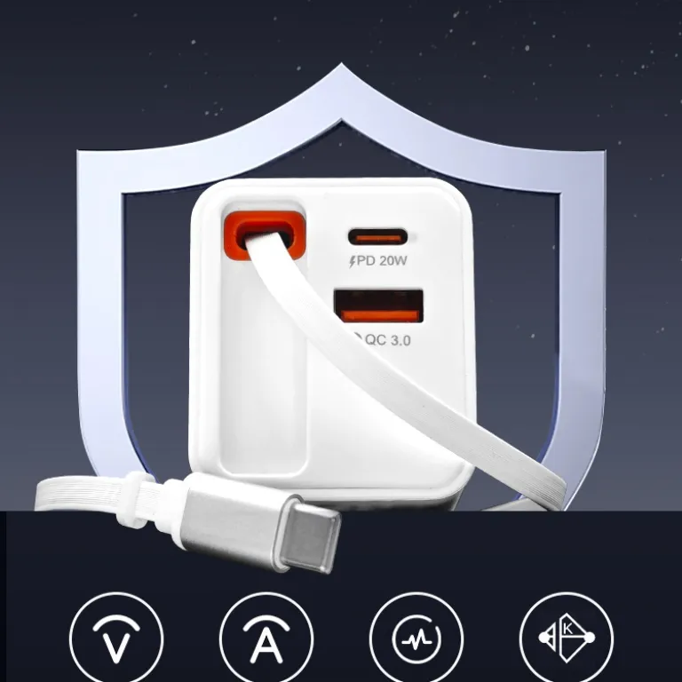 شارژر دیواری باکیفیت 65w دو پورت PD USB C با کابل جمع‌شونده و سر شارژ گالیوم نیترید