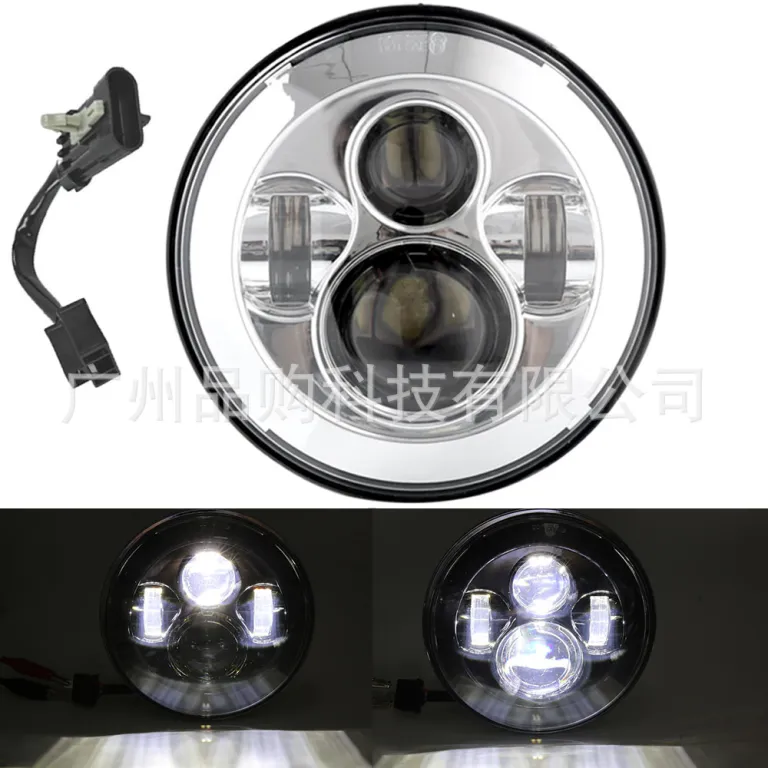 چراغ جلو LED گرد بدون قاب 7 اینچی همراه سیم‌کشی، در رنگ مشکی و نقره‌ای، مناسب هارلی و رانگلر