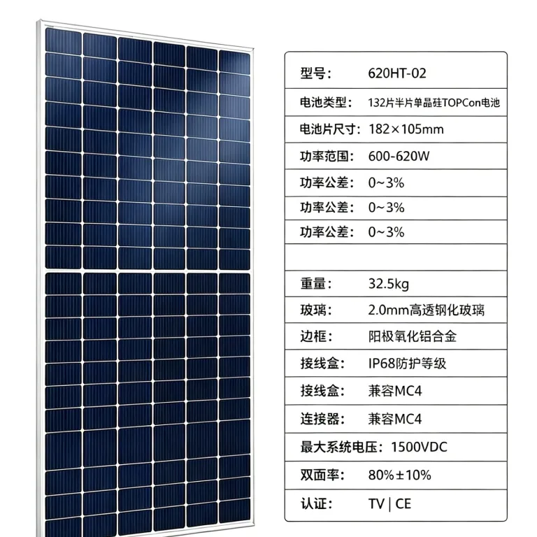 پنل خورشیدی دوطرفه مونوکریستال کارخانه‌ای 600W-620wTOPCon برای مصارف خانگی