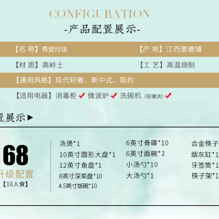 ست ظروف غذاخوری چینی سرامیکی لعاب زیرین با دمای بالا جینگدهژن، کاسه و بشقاب سلادون لینگلونگ، چینی سفید با کیفیت بالا برای مصارف خانگی، هدیه برای خانه جدید