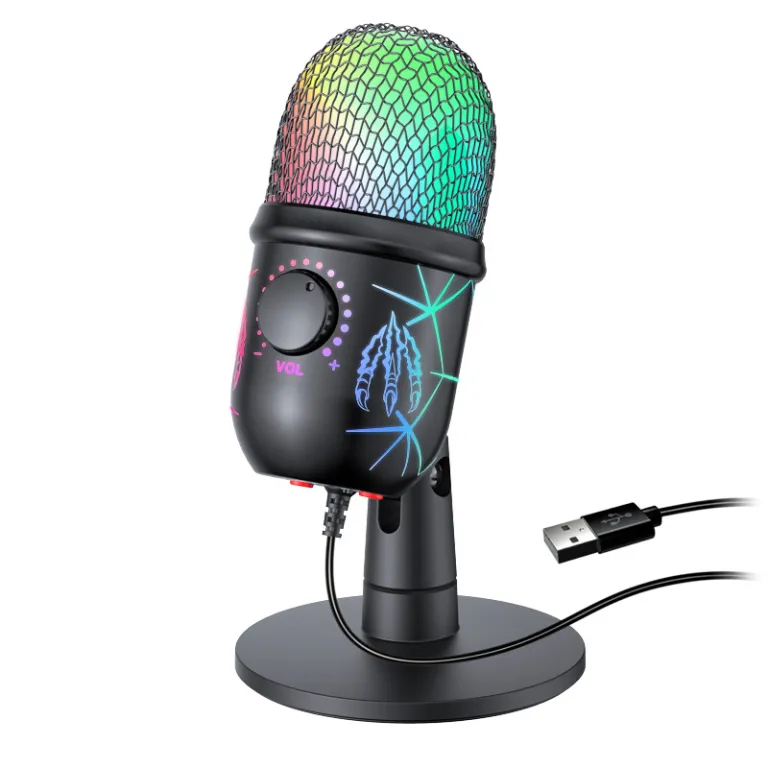 V5USB میکروفون خازنی برای ضبط کامپیوتر، پخش زنده موبایل، کارائوکه، حذف نویز، گیمینگ و ایاسپرت با نور RGB