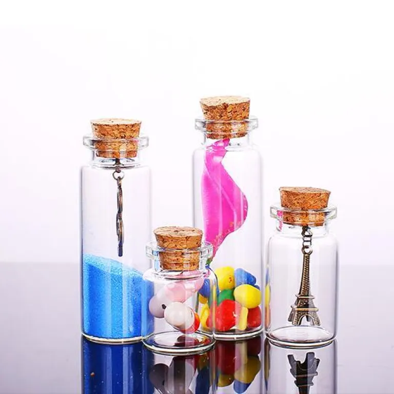 بطری داروی کوچک شیشه‌ای شفاف، بطری آرزو، بطری پیام شناور، بطری آویز تزئینی 1ml، بطری شیشه‌ای کوچک با درب چوب‌پنبه‌ای