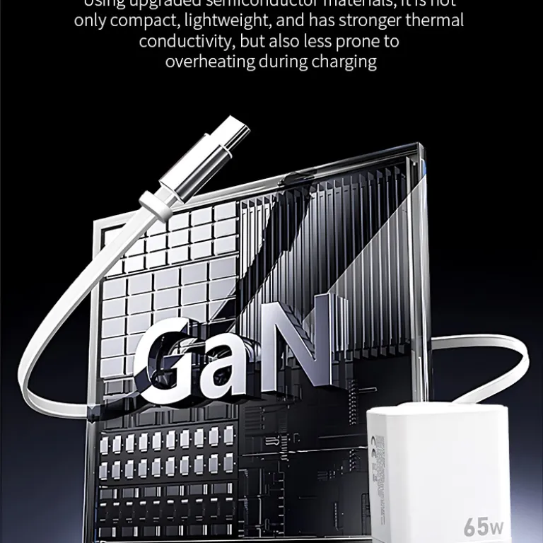 شارژر دیواری باکیفیت 65w دو پورت PD USB C با کابل جمع‌شونده و سر شارژ گالیوم نیترید