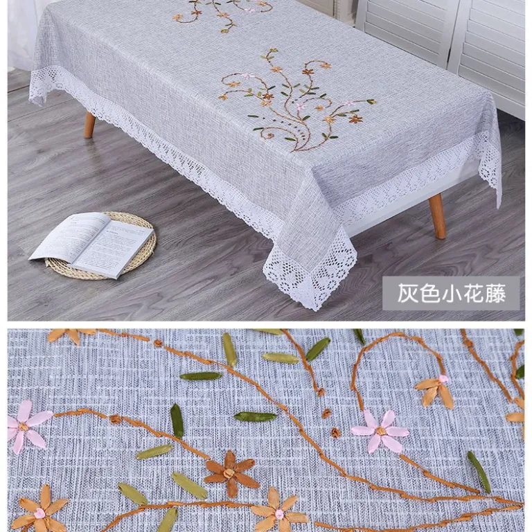 رومیزی مستطیلی گلدوزی‌شده دست‌دوز برای میز جلو مبلی، رومیزی ناهارخوری خانگی، مدرن و ساده، پارچه کتان و پنبه، سفید، طرح مینیمال و تازه
