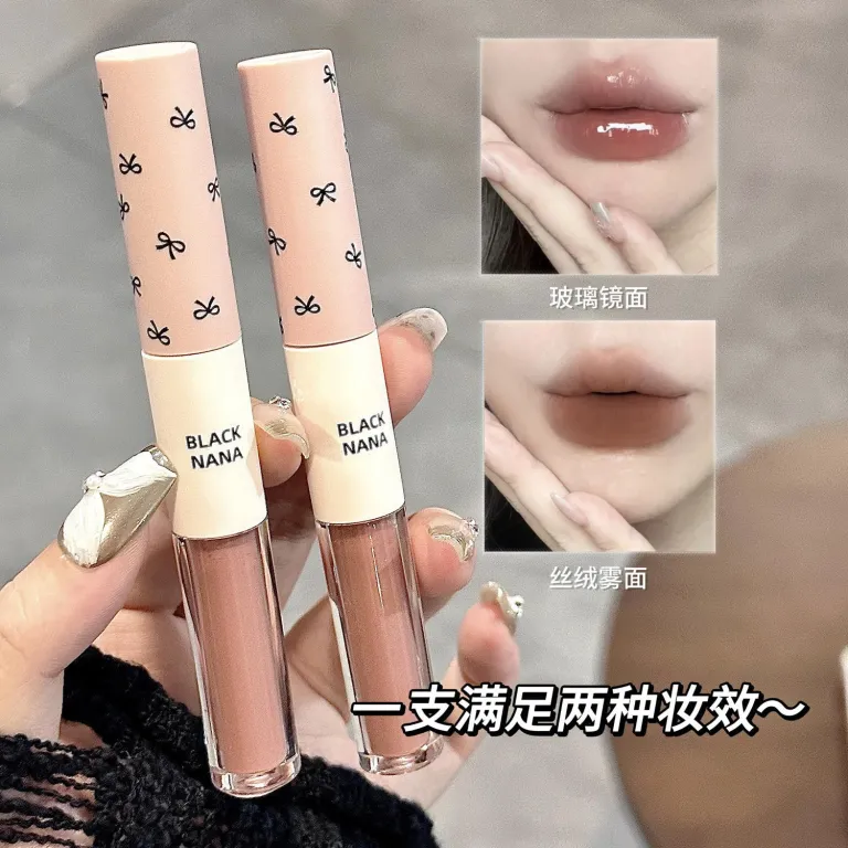 رژ لب دو سر BLACKNANA براق آینه‌ای مناسب استفاده روزانه با رنگ خاکستری-صورتی و بافت گلی و براق، مناسب آرایش ملایم و بدون آرایش