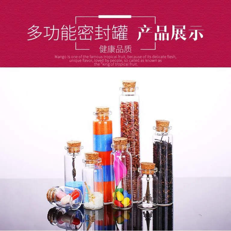 بطری داروی کوچک شیشه‌ای شفاف، بطری آرزو، بطری پیام شناور، بطری آویز تزئینی 1ml، بطری شیشه‌ای کوچک با درب چوب‌پنبه‌ای