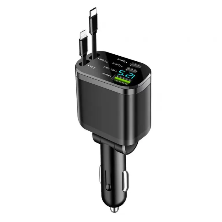شارژر فندکی خودرو با سیم جمع‌شونده شارژ سریع 2025 مدل جدید دو خروجی فندکی 120w مناسب هواوی و شیائومی