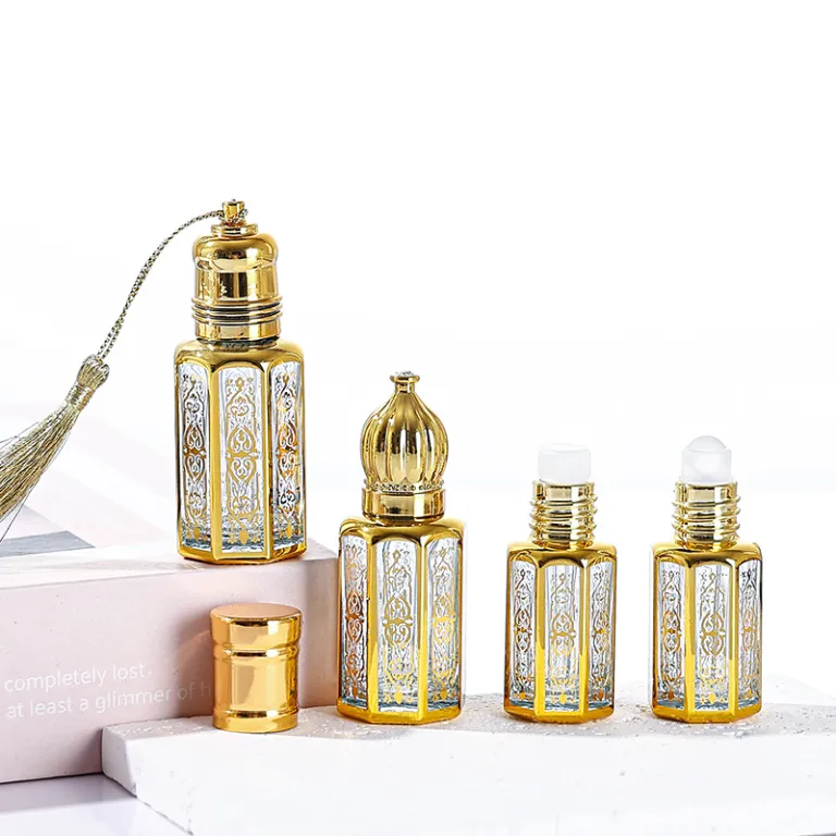 موجود در انبار، بطری رول‌آن روغن اسانس هشت‌ضلعی با مهر طلایی، بطری تقسیم عطر خاورمیانه‌ای، بطری شیشه‌ای نمونه کوچک، بطری رول‌آن ماساژ چشم