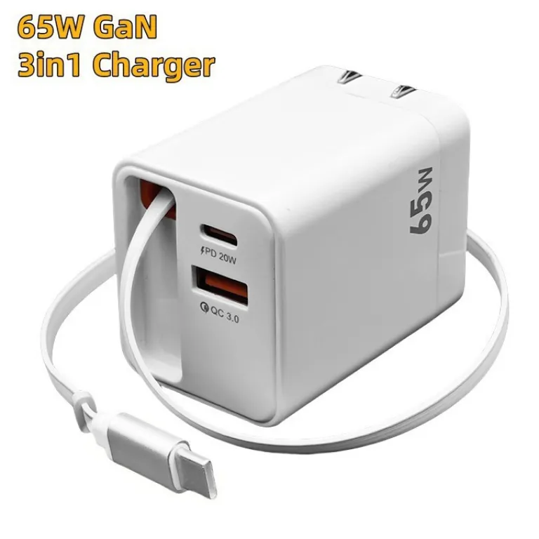 شارژر دیواری باکیفیت 65w دو پورت PD USB C با کابل جمع‌شونده و سر شارژ گالیوم نیترید