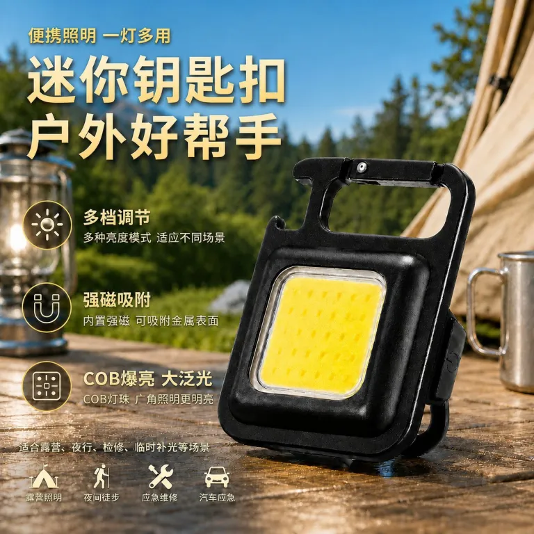 چراغ قوه جاکلیدی COB قابل حمل با شارژ USB، مناسب روشنایی اضطراری در فضای باز