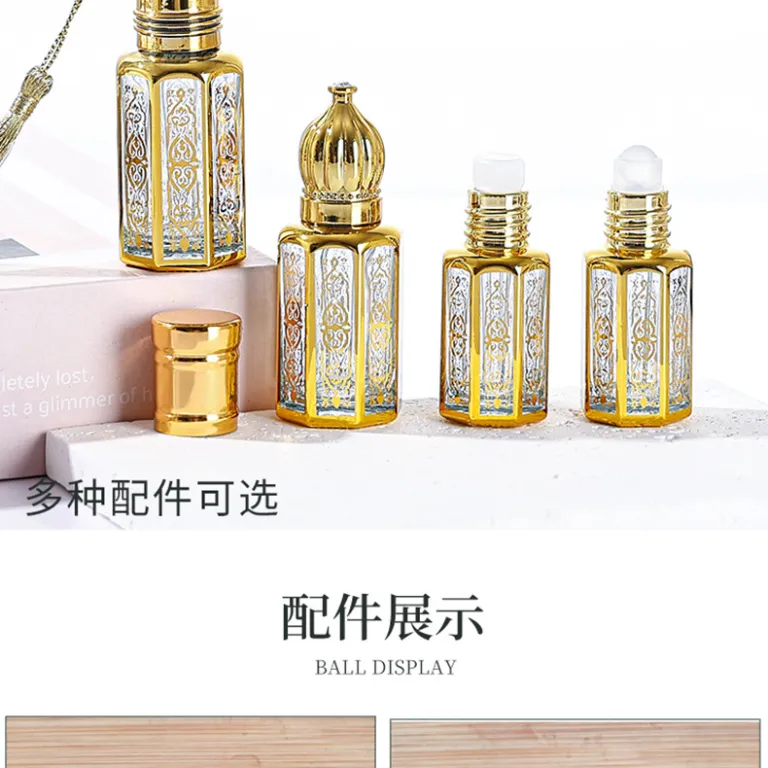 موجود در انبار، بطری رول‌آن روغن اسانس هشت‌ضلعی با مهر طلایی، بطری تقسیم عطر خاورمیانه‌ای، بطری شیشه‌ای نمونه کوچک، بطری رول‌آن ماساژ چشم