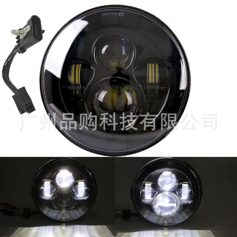 چراغ جلو LED گرد بدون قاب 7 اینچی همراه سیم‌کشی، در رنگ مشکی و نقره‌ای، مناسب هارلی و رانگلر