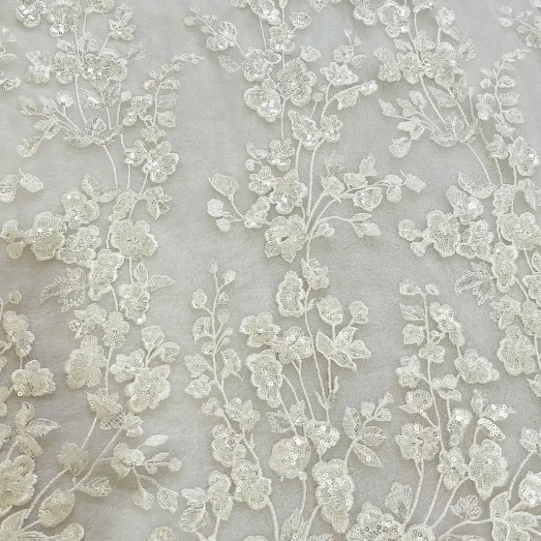 پارچه توری مهره‌دوزی‌شده، توری سفید کره‌ای، حاشیه تازه و دوست‌داشتنی، گلدوزی با پولک‌های زیبا