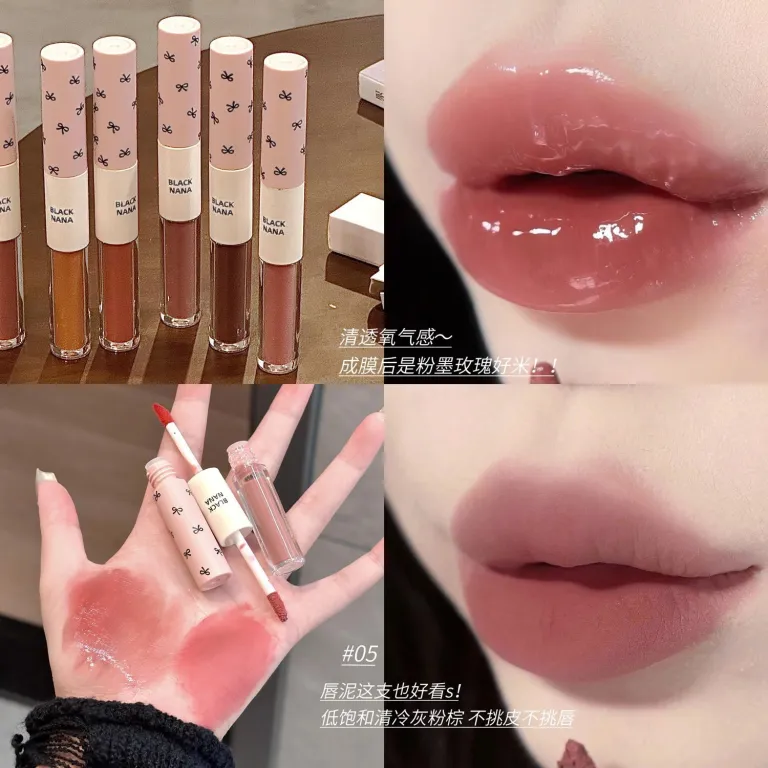 رژ لب دو سر BLACKNANA براق آینه‌ای مناسب استفاده روزانه با رنگ خاکستری-صورتی و بافت گلی و براق، مناسب آرایش ملایم و بدون آرایش