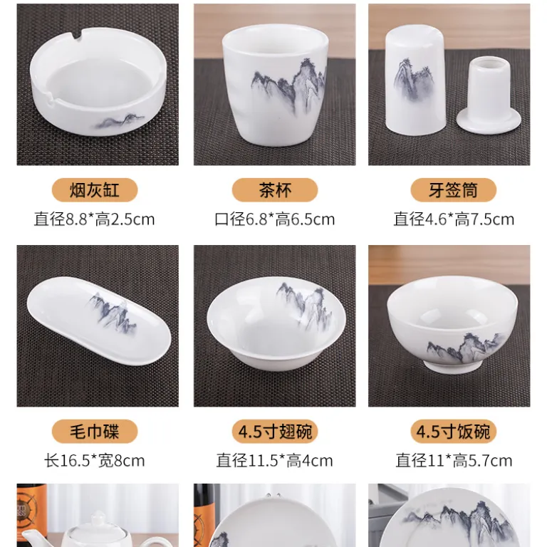 ست سه‌تکه ظروف چینی هتل لوکس با طرح منظره چینی، بشقاب استخوانی، کاسه بال و بشقاب پذیرایی رستوران و هتل